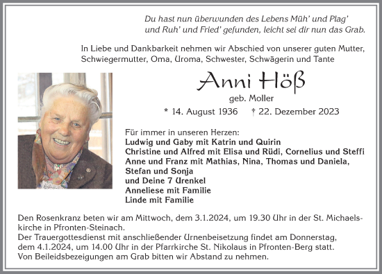 Traueranzeige von Anni Höß von Allgäuer Zeitung, Füssen