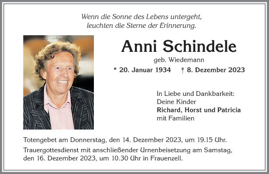 Traueranzeige von Anni Schindele von Allgäuer Zeitung,Kempten