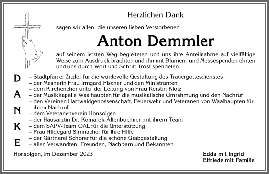 Traueranzeige von Anton Demmler von Allgäuer Zeitung, Kaufbeuren/Buchloe