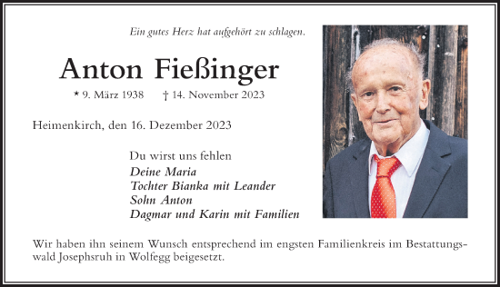 Traueranzeige von Anton Fießinger von Der Westallgäuer