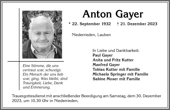 Traueranzeige von Anton Gayer von Memminger Zeitung