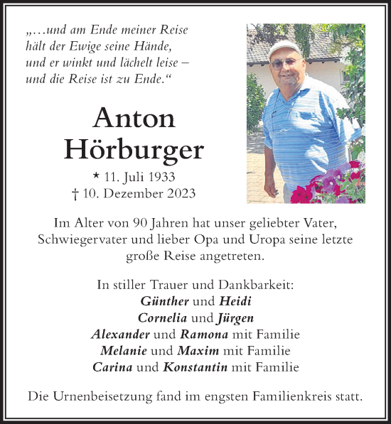 Traueranzeige von Anton Hörburger von Der Westallgäuer