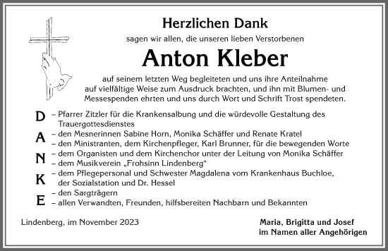 Traueranzeige von Anton Kleber von Allgäuer Zeitung, Kaufbeuren/Buchloe