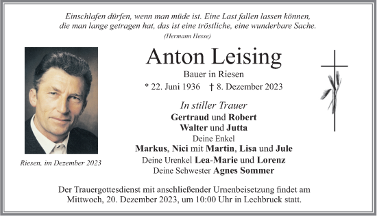 Traueranzeige von Anton Leising von Allgäuer Zeitung, Füssen
