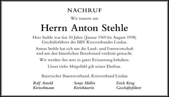 Traueranzeige von Anton Stehle von Der Westallgäuer
