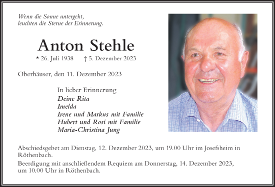 Traueranzeige von Anton Stehle von Der Westallgäuer