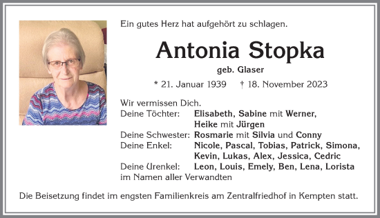 Traueranzeige von Antonia Stopka von Allgäuer Anzeigeblatt