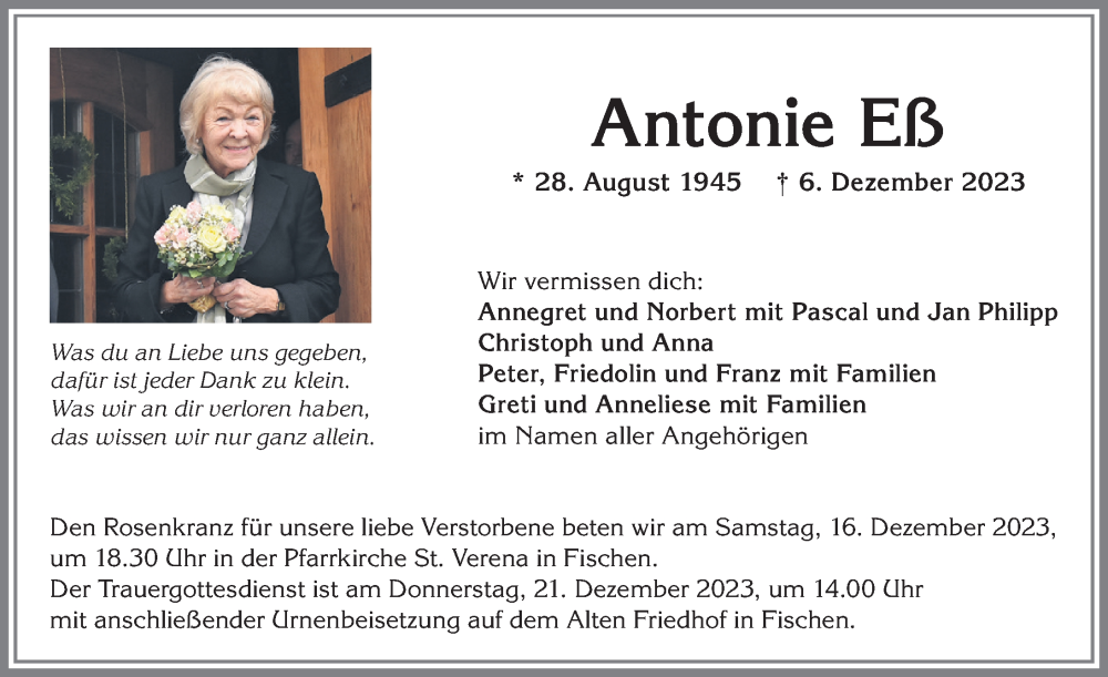  Traueranzeige für Antonie Eß vom 14.12.2023 aus Allgäuer Anzeigeblatt