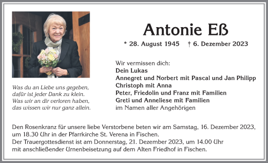 Traueranzeige von Antonie Eß von Allgäuer Anzeigeblatt