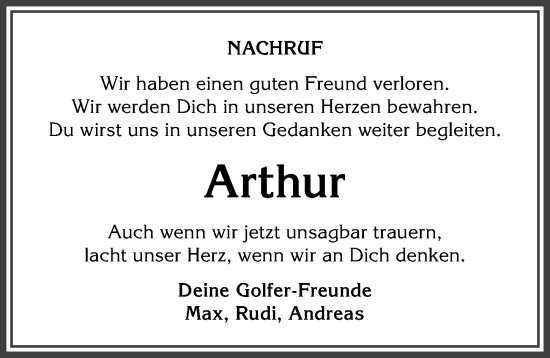 Traueranzeige von Arthur  von Allgäuer Anzeigeblatt