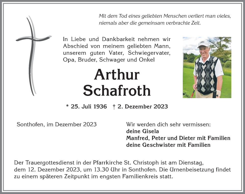  Traueranzeige für Arthur Schafroth vom 09.12.2023 aus Allgäuer Anzeigeblatt