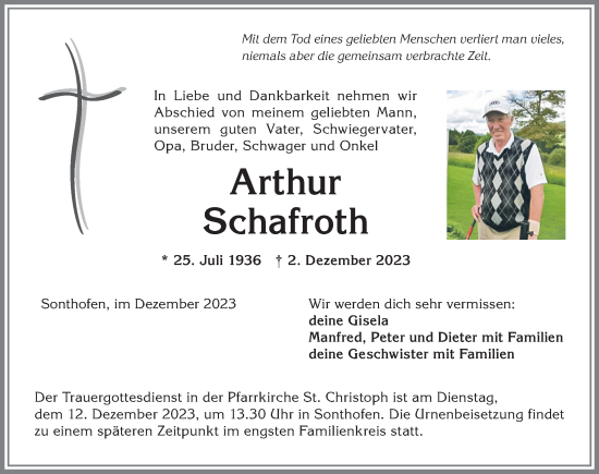 Traueranzeige von Arthur Schafroth von Allgäuer Anzeigeblatt