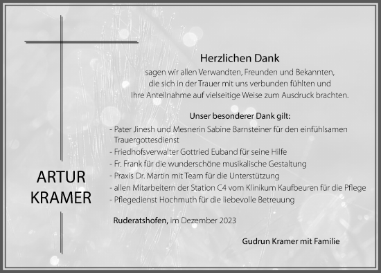 Traueranzeige von Artur Kramer von Allgäuer Zeitung, Marktoberdorf