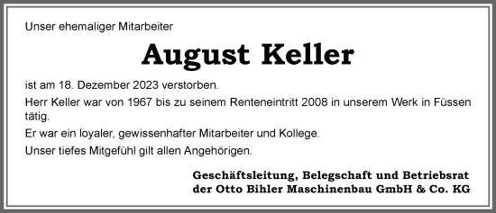 Traueranzeige von August Keller von Allgäuer Zeitung, Füssen