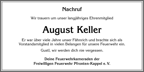 Traueranzeige von August Keller von Allgäuer Zeitung, Füssen