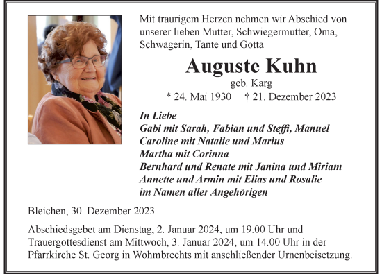 Traueranzeige von Auguste Kuhn von Der Westallgäuer