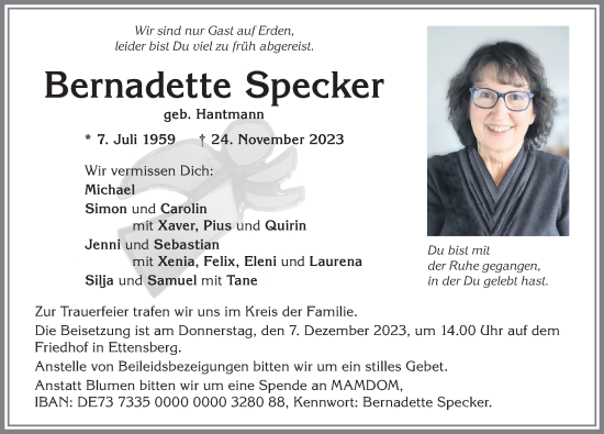 Traueranzeige von Bernadette Specker von Allgäuer Anzeigeblatt