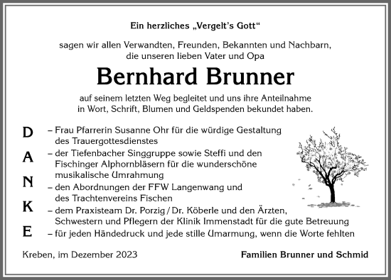 Traueranzeige von Bernhard Brunner von Allgäuer Anzeigeblatt