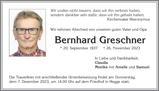 Traueranzeige von Bernhard Greschner von Allgäuer Zeitung,Kempten