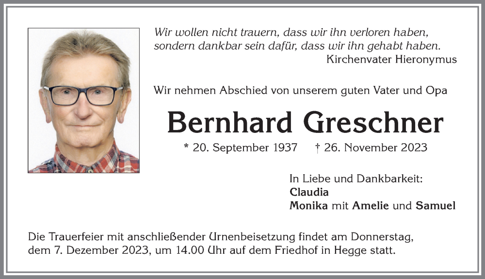  Traueranzeige für Bernhard Greschner vom 02.12.2023 aus Allgäuer Zeitung,Kempten
