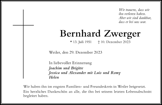 Traueranzeige von Bernhard Zwerger von Der Westallgäuer
