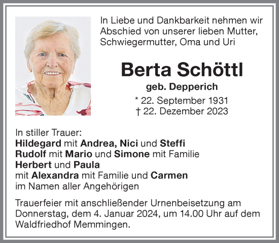 Traueranzeige von Berta Schöttl von Memminger Zeitung