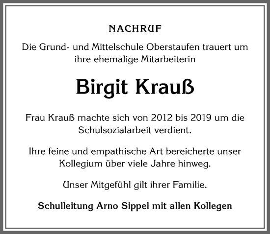 Traueranzeige von Birgit Krauß von Der Westallgäuer