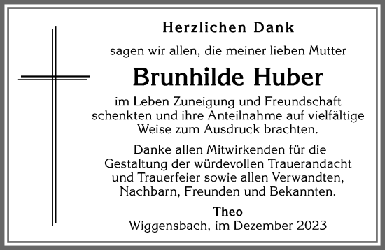 Traueranzeige von Brunhilde Huber von Allgäuer Zeitung,Kempten