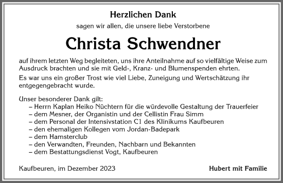 Traueranzeige von Christa Schwendner von Allgäuer Zeitung, Kaufbeuren/Buchloe