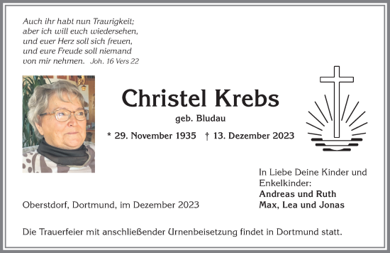 Traueranzeige von Christel Krebs von Allgäuer Anzeigeblatt