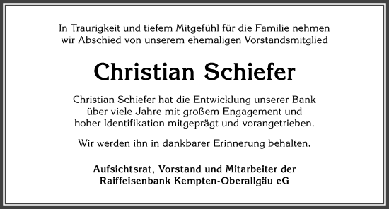 Traueranzeige von Christian Schiefer von Allgäuer Anzeigeblatt