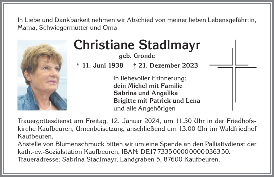Traueranzeige von Christiane Stadlmayr von Allgäuer Zeitung, Kaufbeuren/Buchloe
