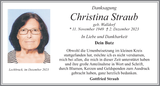 Traueranzeige von Christina Straub von Allgäuer Zeitung, Füssen