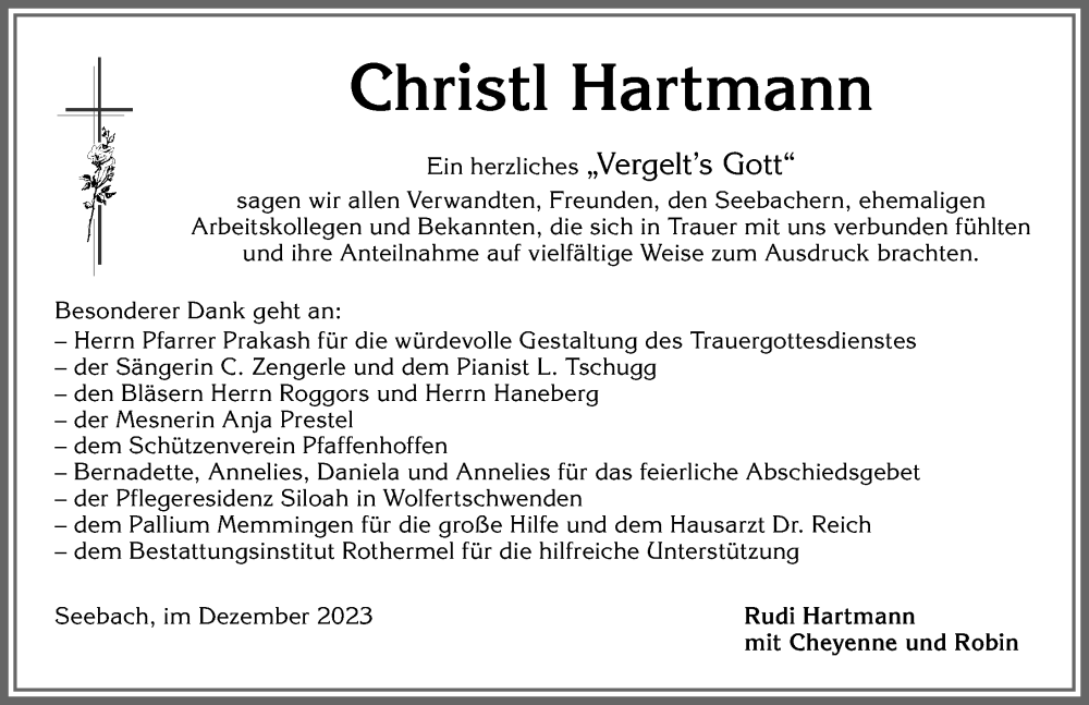 Traueranzeige für Christl Hartmann vom 16.12.2023 aus Allgäuer Zeitung,Kempten