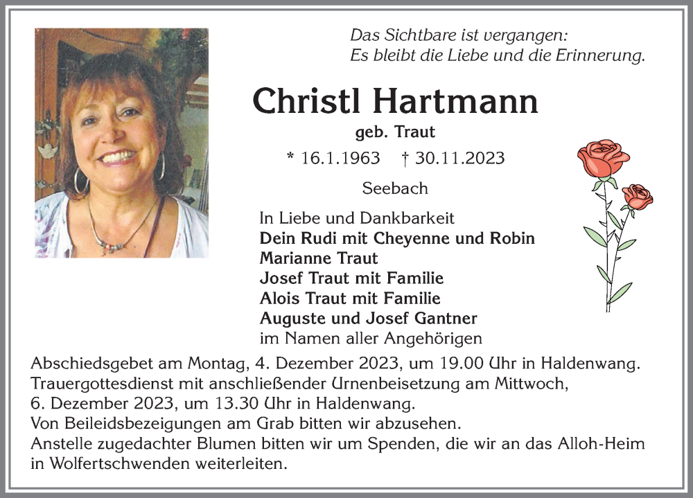  Traueranzeige für Christl Hartmann vom 02.12.2023 aus Allgäuer Zeitung,Kempten