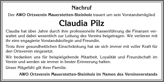 Traueranzeige von Claudia Pilz von Allgäuer Zeitung, Kaufbeuren/Buchloe