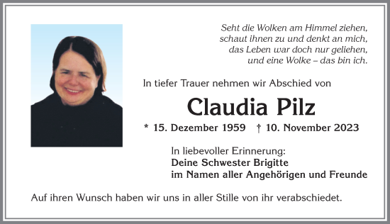Traueranzeige von Claudia Pilz von Allgäuer Zeitung, Kaufbeuren/Buchloe