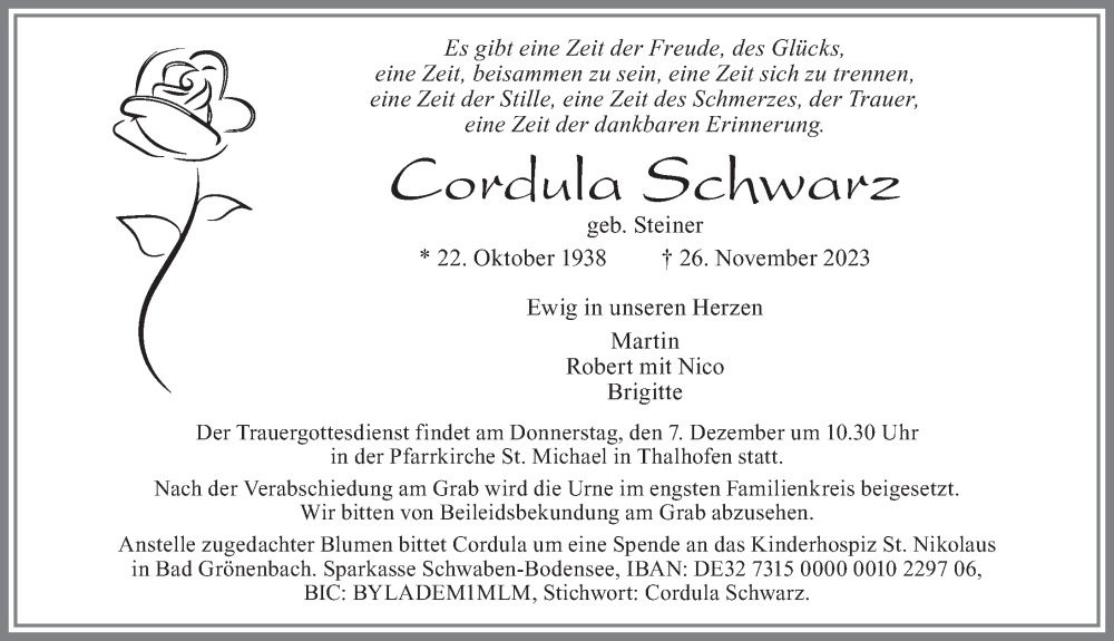  Traueranzeige für Cordula Schwarz vom 02.12.2023 aus Allgäuer Zeitung, Marktoberdorf