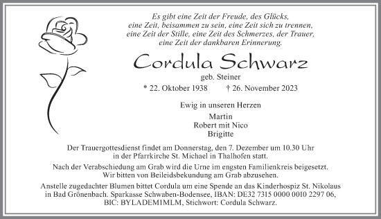 Traueranzeige von Cordula Schwarz von Allgäuer Zeitung, Marktoberdorf