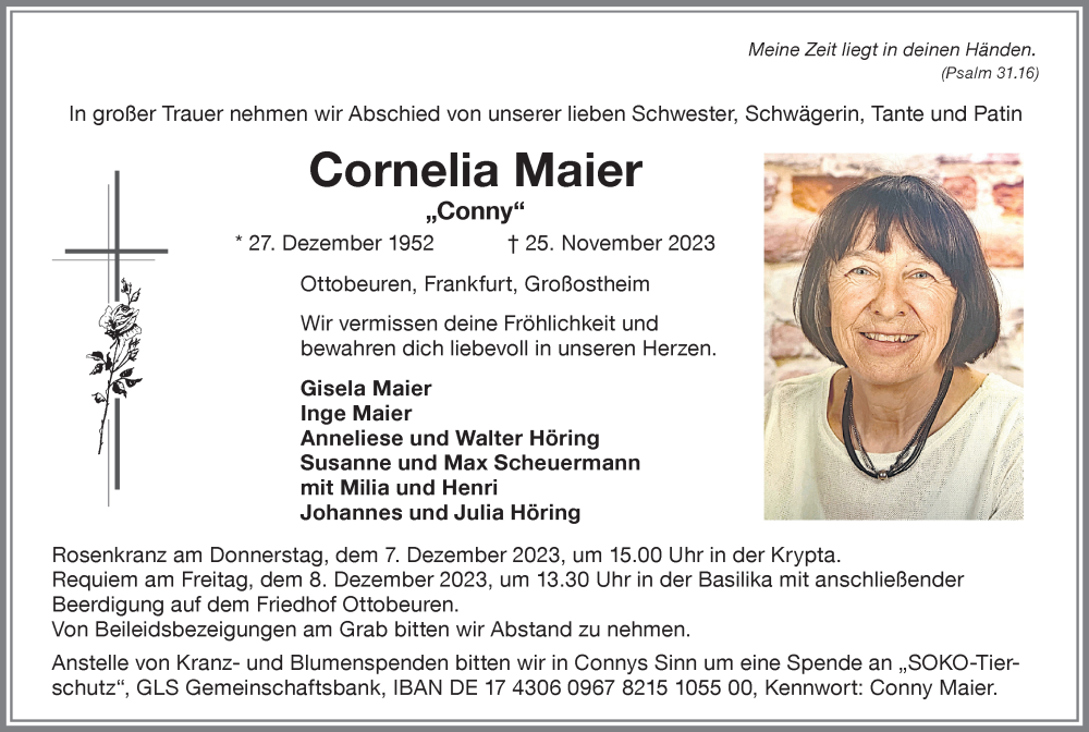  Traueranzeige für Cornelia Maier vom 02.12.2023 aus Memminger Zeitung
