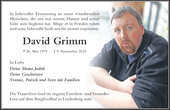 Traueranzeige von David Grimm von Der Westallgäuer