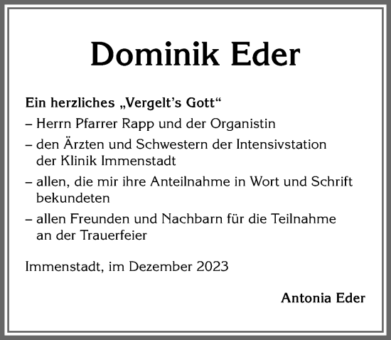 Traueranzeige von Dominik Eder von Allgäuer Anzeigeblatt