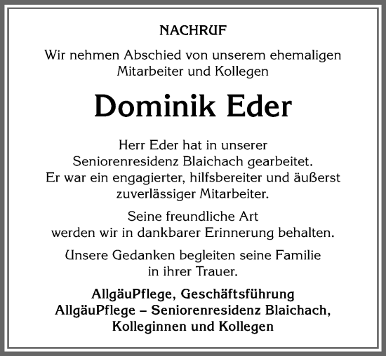 Traueranzeige von Dominik Eder von Allgäuer Anzeigeblatt