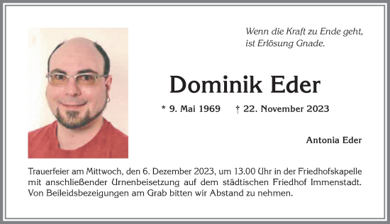 Traueranzeige von Dominik Eder von Allgäuer Anzeigeblatt