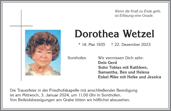 Traueranzeige von Dorothea Wetzel von Allgäuer Anzeigeblatt