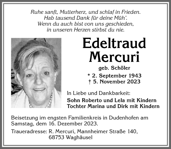 Traueranzeige von Edeltraud Mercuri von Allgäuer Zeitung, Kaufbeuren/Buchloe