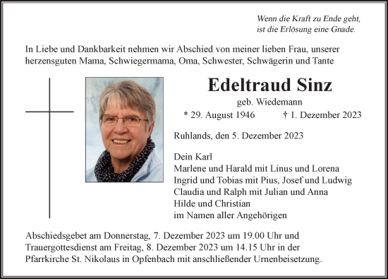 Traueranzeige von Edeltraud Sinz von Der Westallgäuer