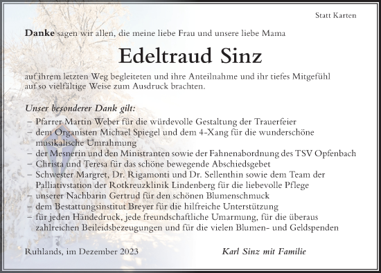 Traueranzeige von Edeltraud Sinz von Der Westallgäuer