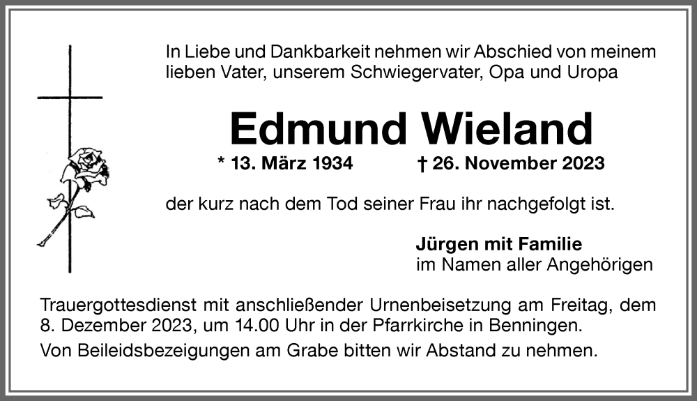  Traueranzeige für Edmund Wieland vom 02.12.2023 aus Memminger Zeitung