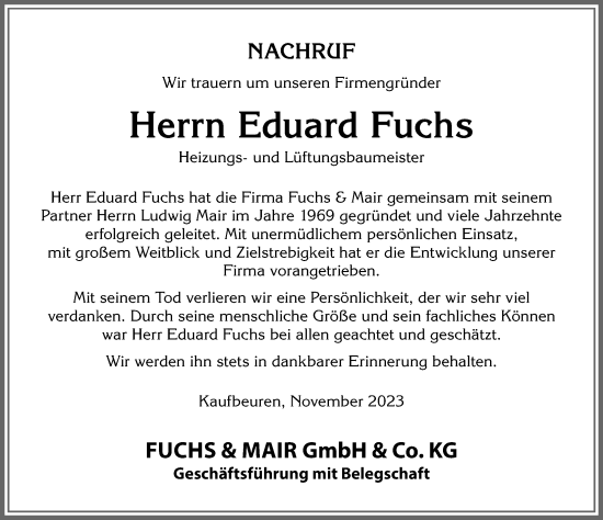 Traueranzeige von Eduard Fuchs von Allgäuer Zeitung, Kaufbeuren/Buchloe